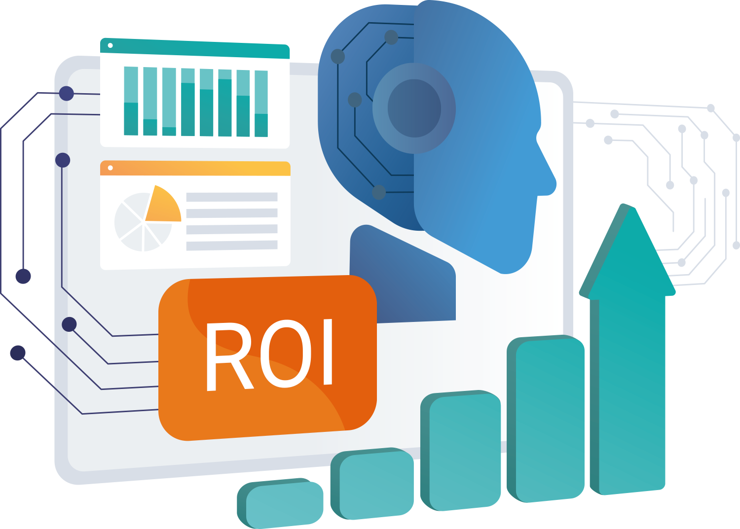 KI-Experte mit Grafiken und ROI-Berechnungen, der Wachstums- und Datenanalysen vorschlägt.