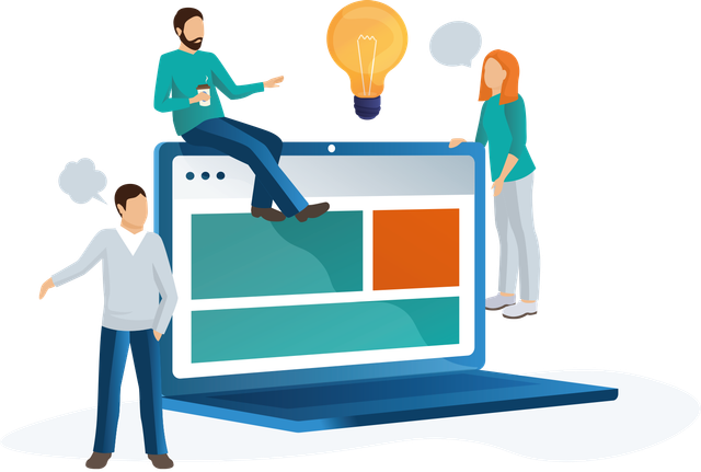 Das Team arbeitet gemeinsam an einem Laptop und nutzt dabei ein Glühbirnen-Symbol für das Brainstorming.