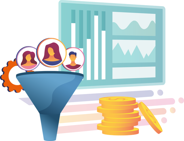 Trichter mit Kundensymbolen, Datendiagrammen und Goldmünzen zur Veranschaulichung des Verkaufs- oder Konversionsprozesses.