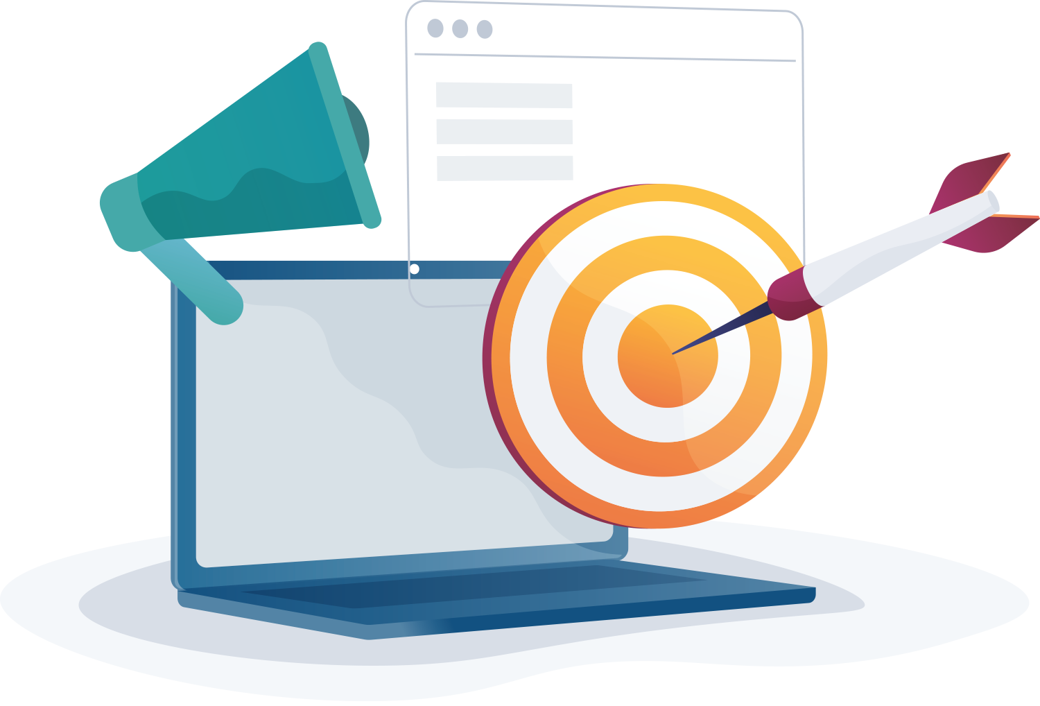 Laptop mit Megafon, Webseite und Dartpfeil, der ins Schwarze trifft – Symbole für Online-Marketing.