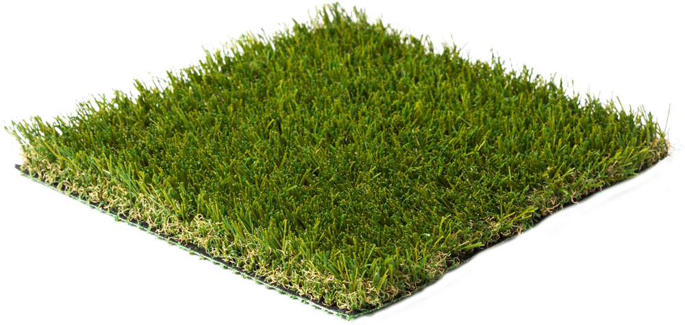 A square sample of lush, bright green artificial grass turf isolated on a white background.
