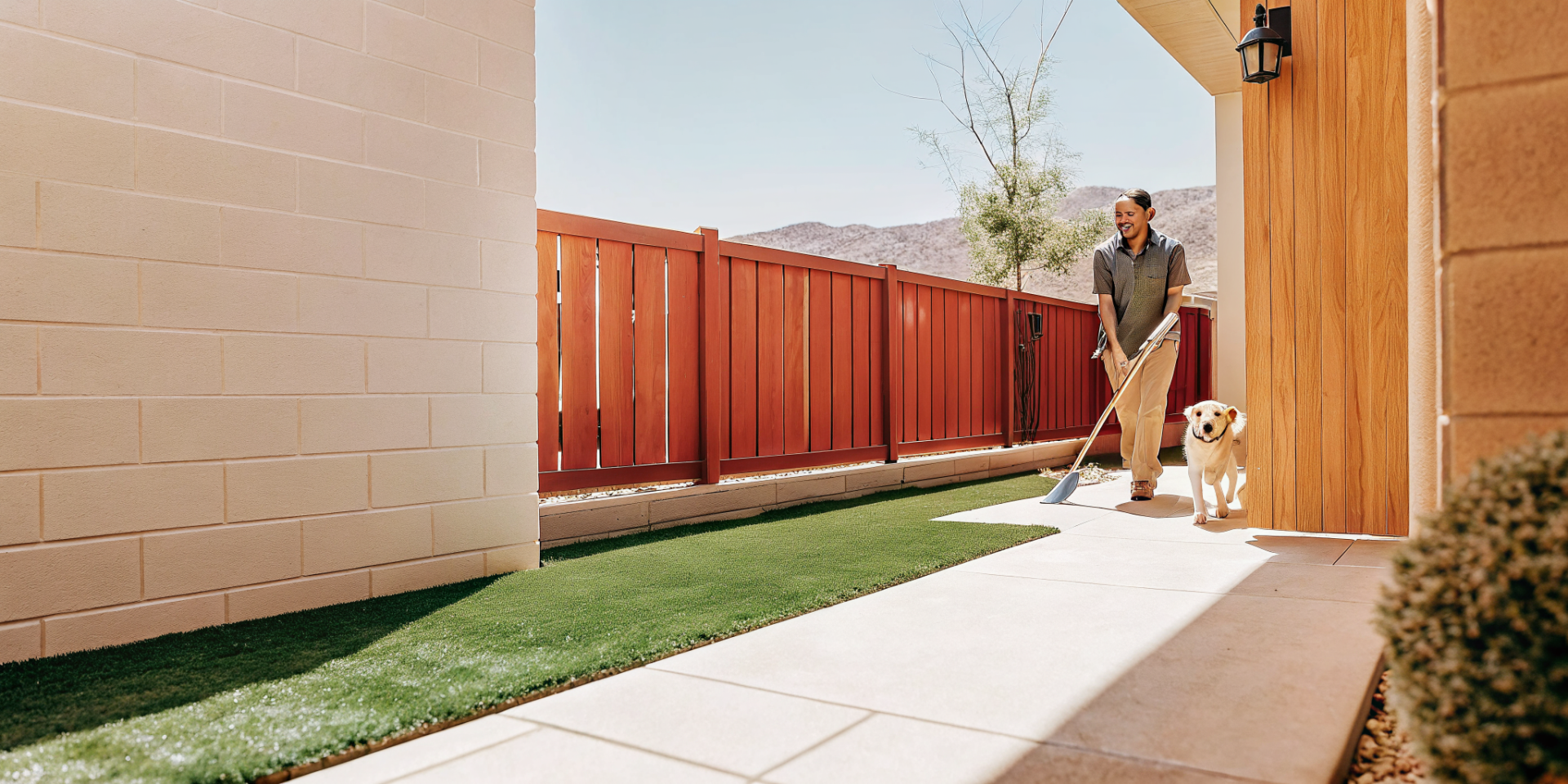 Professional dog poop pickup technician cleaning a Henderson NV backyard for A1 Pet Waste Removal cu
