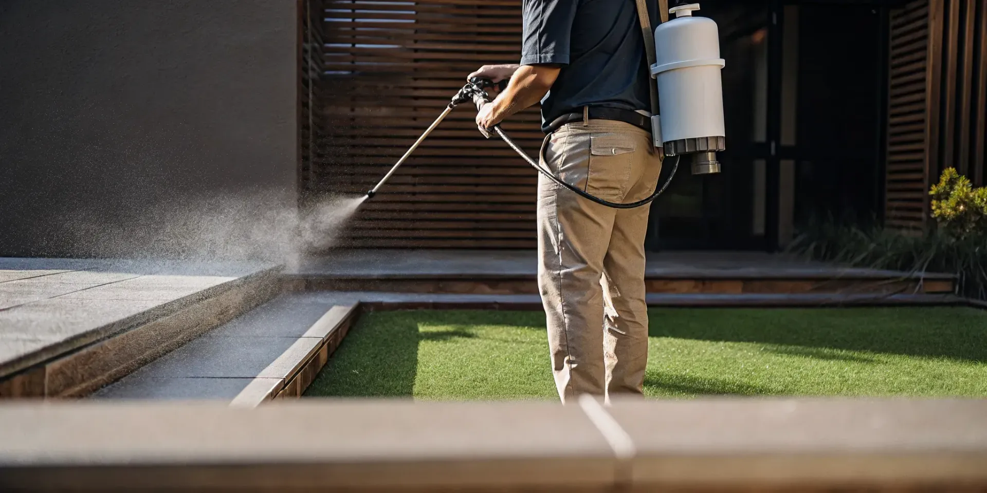 Yard deodorizing service spraying artificial turf to neutralize pet urine odor.