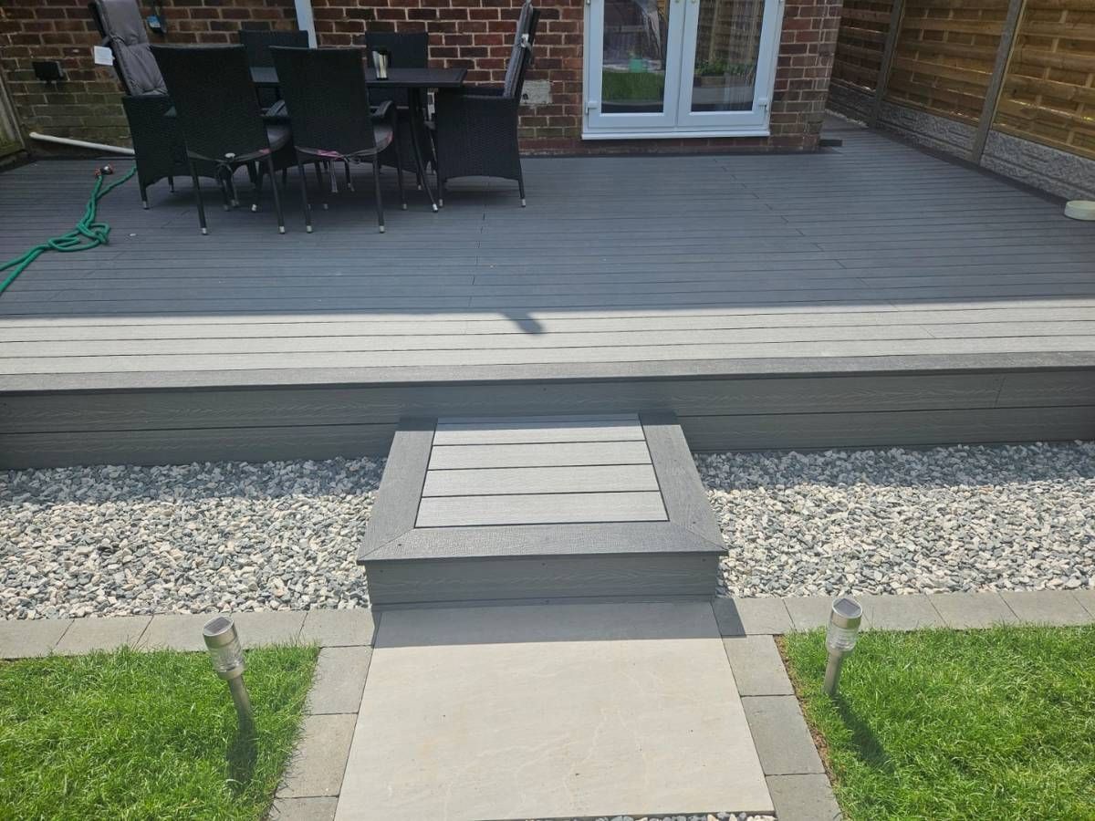 DNA Landscaping contractors Coventry Anthracite composite decking with a charcoal bullnose border