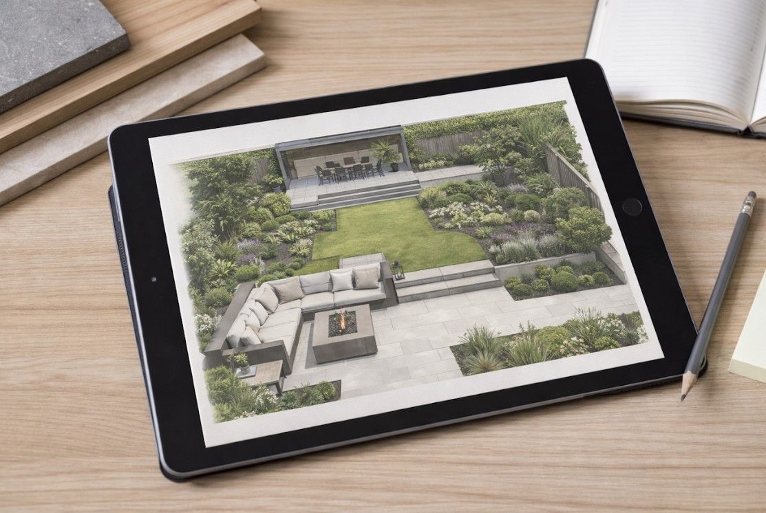 garden design sent to client viewing it on an iPad