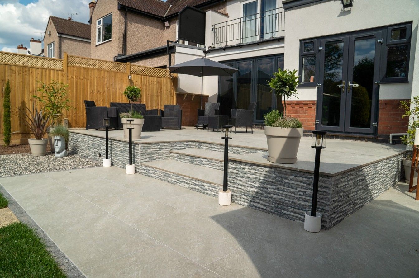 DNA Landscapes full garden design and build project completed in Solihull. Includes patio, paving, garden lighting, garden fencing