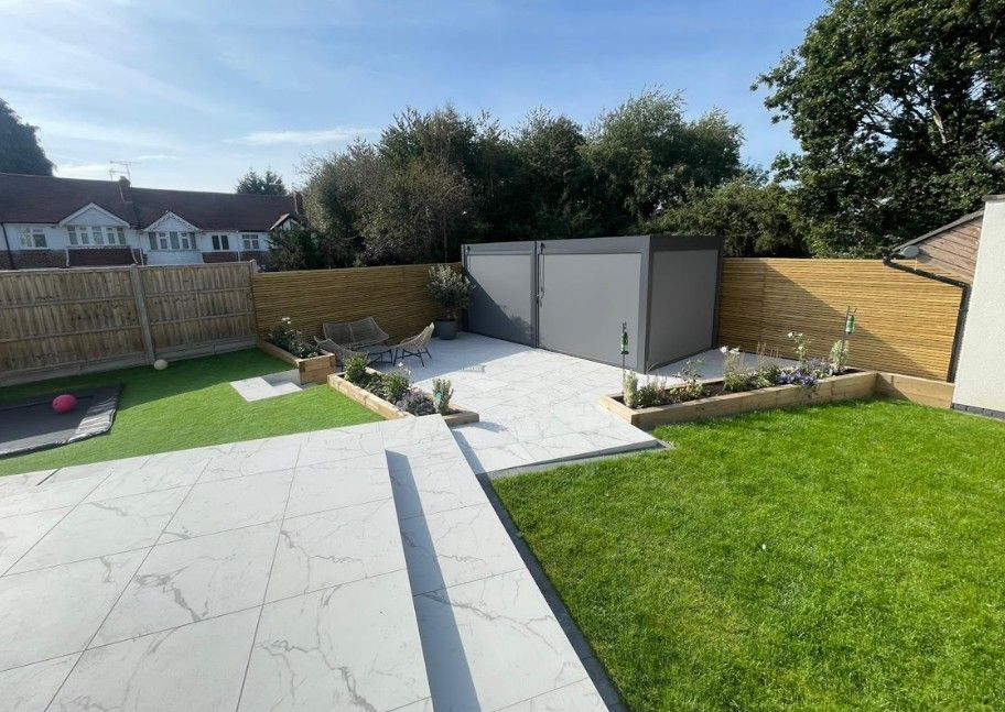 DNA landscapes garden design and landscaping project in Coundon with  new grass turf, paving boarders and new outdoor garden furniture storage shed.