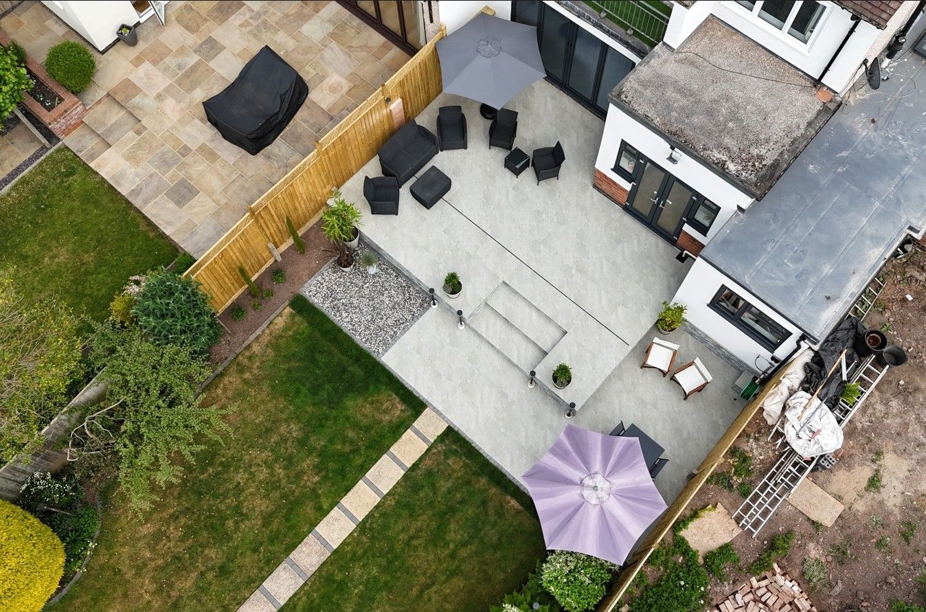 Drone footage aerial view of the completed landscape design and build project in Earlsdon