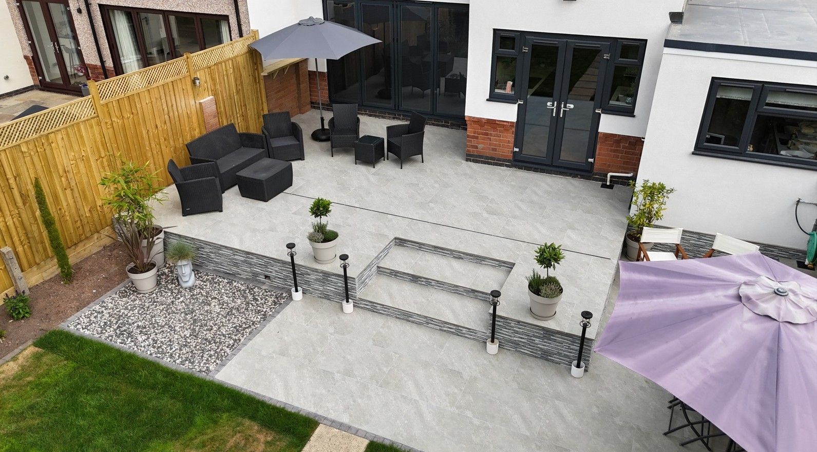 Drone footage aerial view of the completed landscaping project in Earlsdon