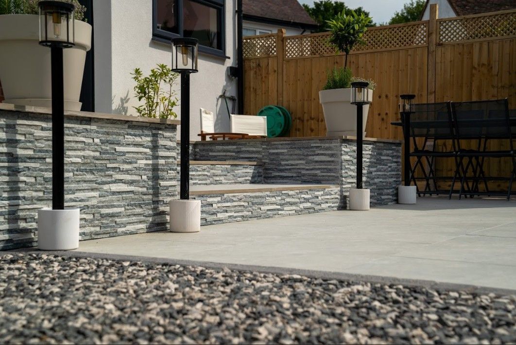 DNA landscaping Earlsdon project showing patio, steps and garden lighting