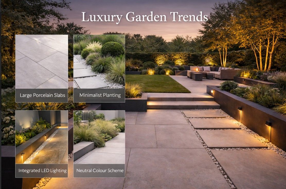 luxury garden trends such as minimalist planting, large porcelain slabs, integrated LED lighting in a neutral colour scheme