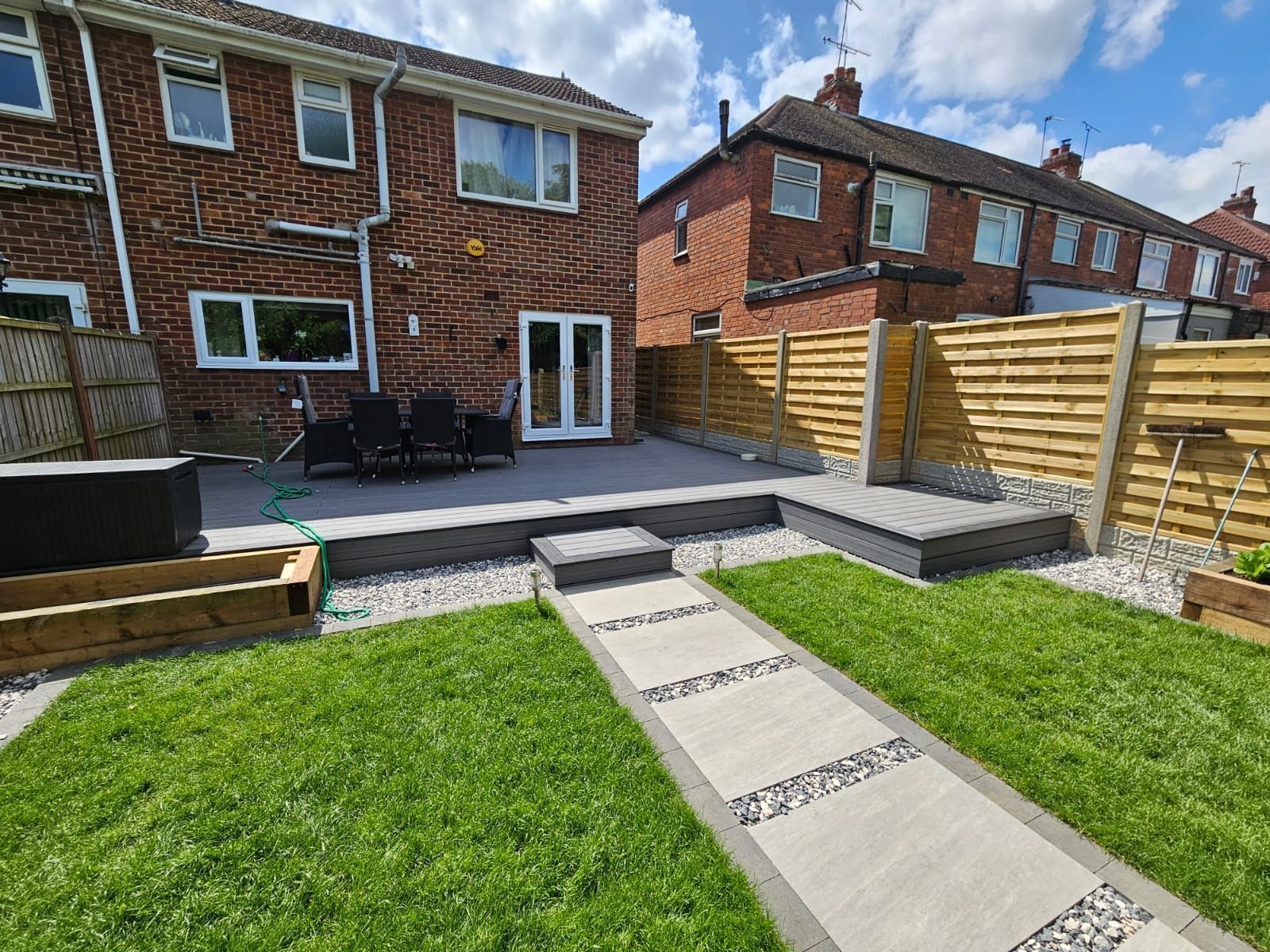 DNA Landscapes garden landscapers Solihull - completed composite decking, paving, turfing and garden fencing