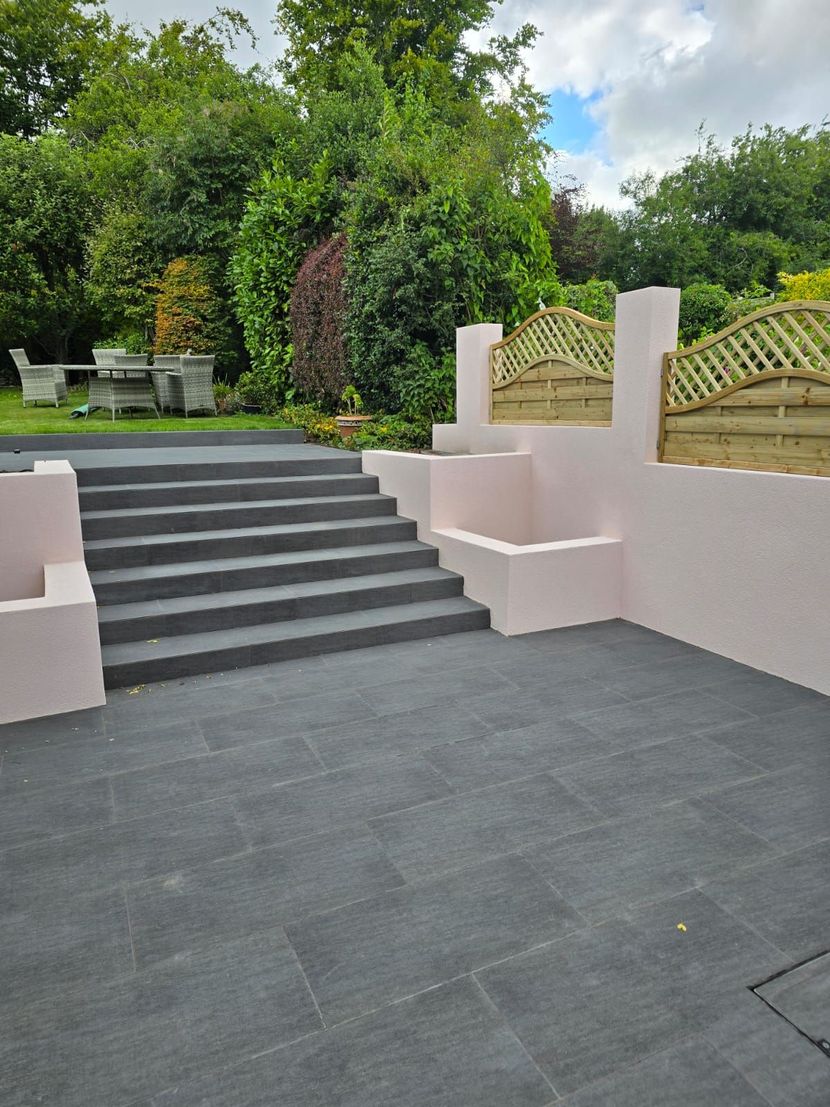 DNA Landscapes completed patio, retaining wall and garden fencing for a garden design and build landscaping project in Coventry