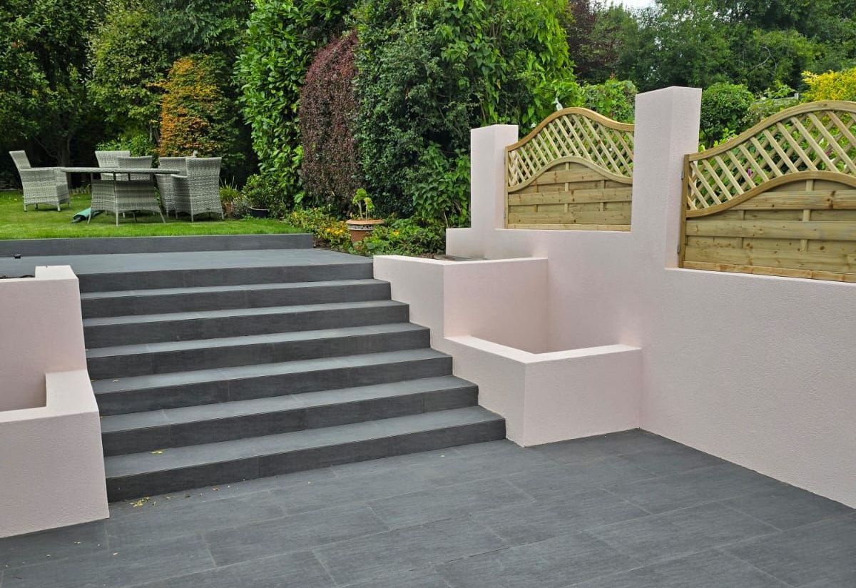 DNA Landscapes completed patio, retaining wall and garden fencing for a garden design and build landscaping project in Solihull