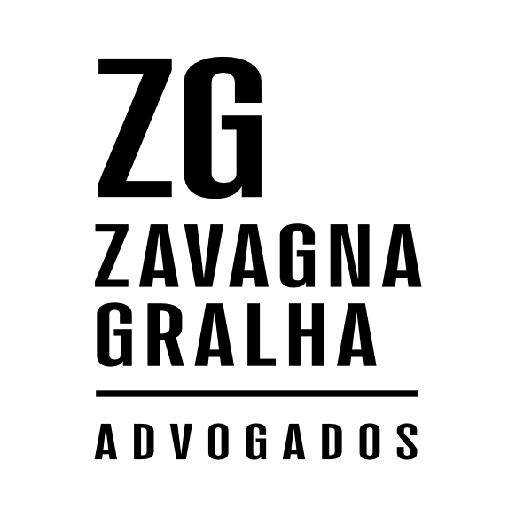 A black and white logo for a law firm called zg zavagna gralha advogados.