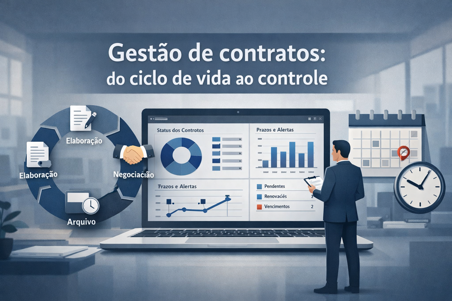 Banner ilustrado sobre gestão de contratos, mostrando o ciclo de vida contratual, dashboard