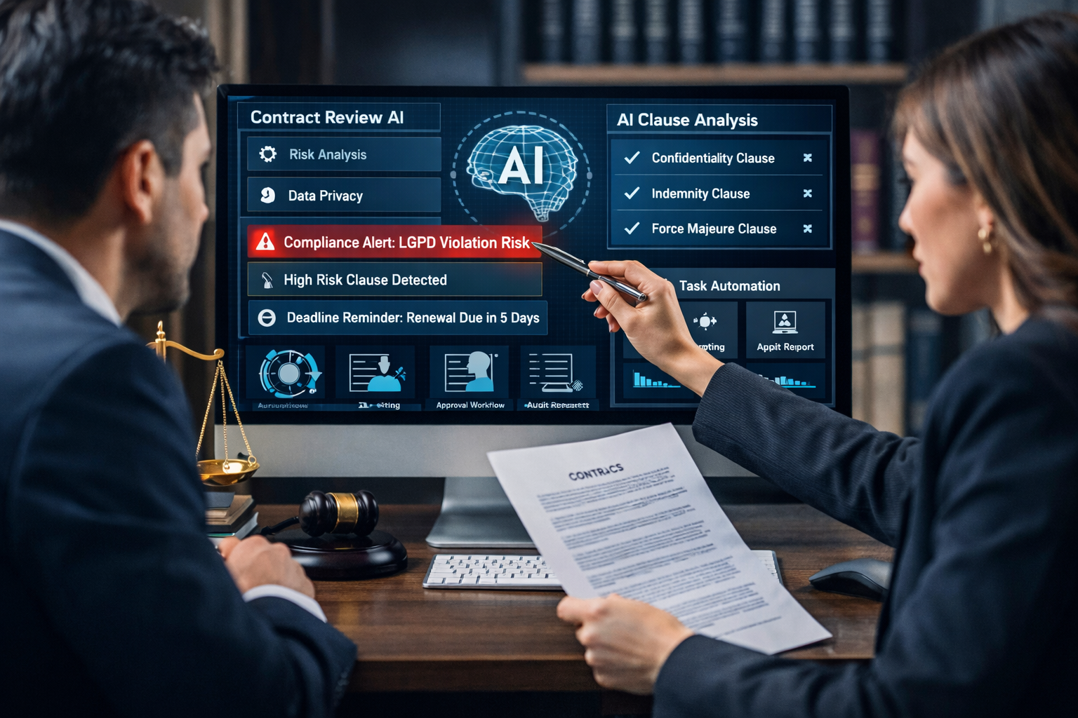 Advogados analisando contratos em plataforma digital com inteligência artificial aplicada à gestão j