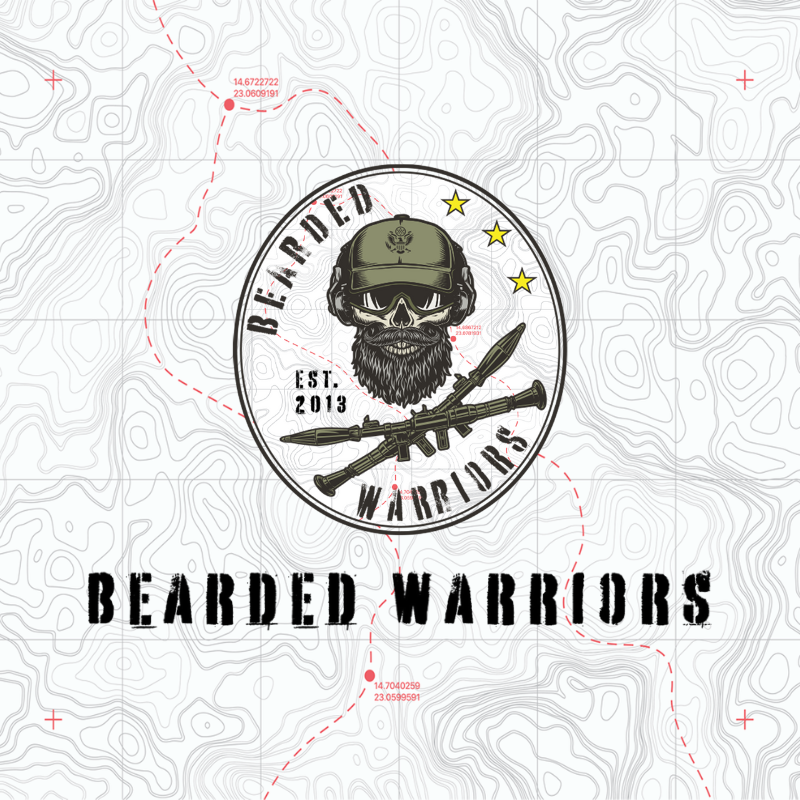 Bearded Warriors logo: Skull wearing cap with crossed weapons, on a map background.