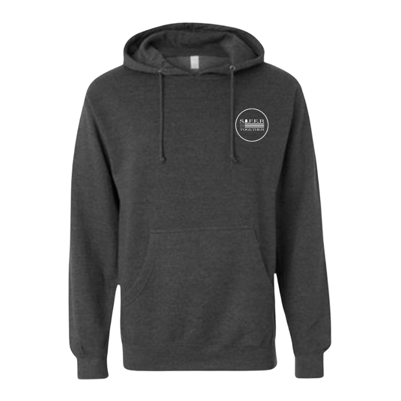 A black hoodie with a white logo on the front