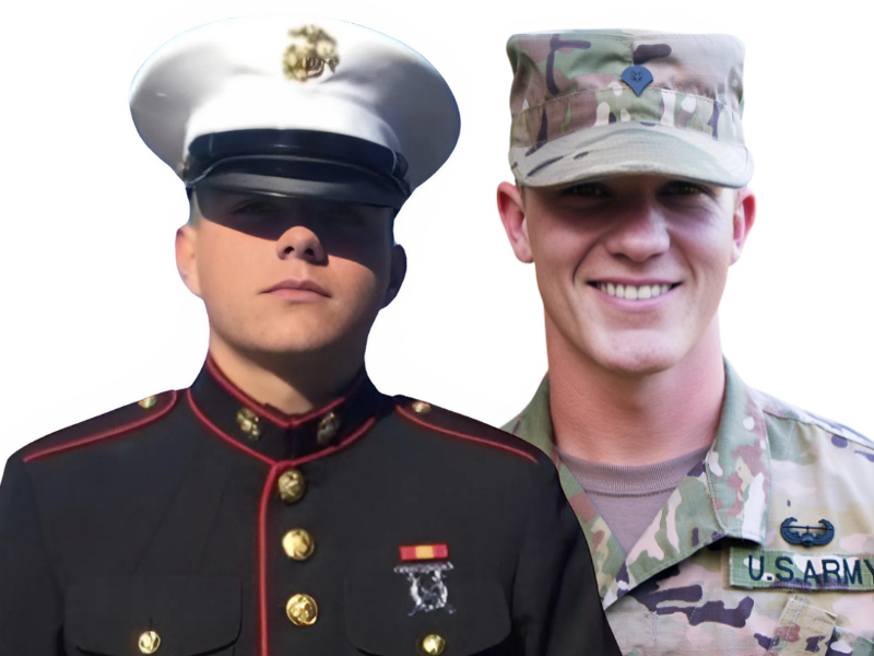 A man in a us army uniform stands next to a man in a marine uniform