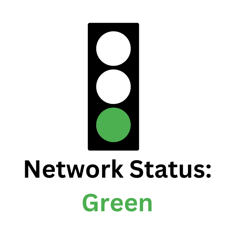 A traffic light with a green light and the words `` network status : green '' below it.