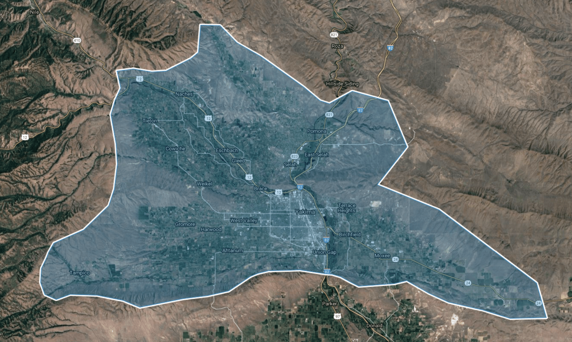 An aerial view of Gigabeam's coverage map in Yakima