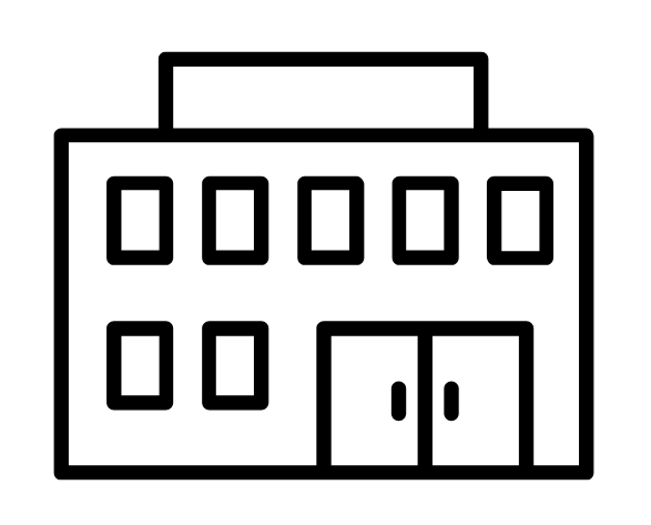 A black and white drawing of a building with squares and doors.
