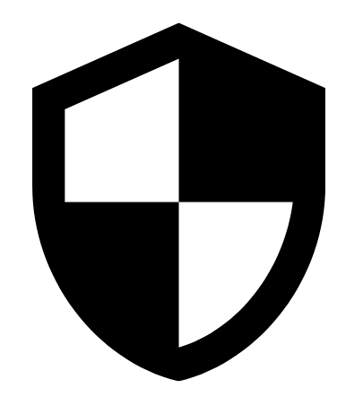 A black and white shield icon on a white background.