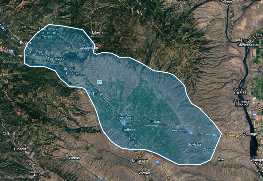 An aerial view of Gigabeam's coverage map in Kittitas