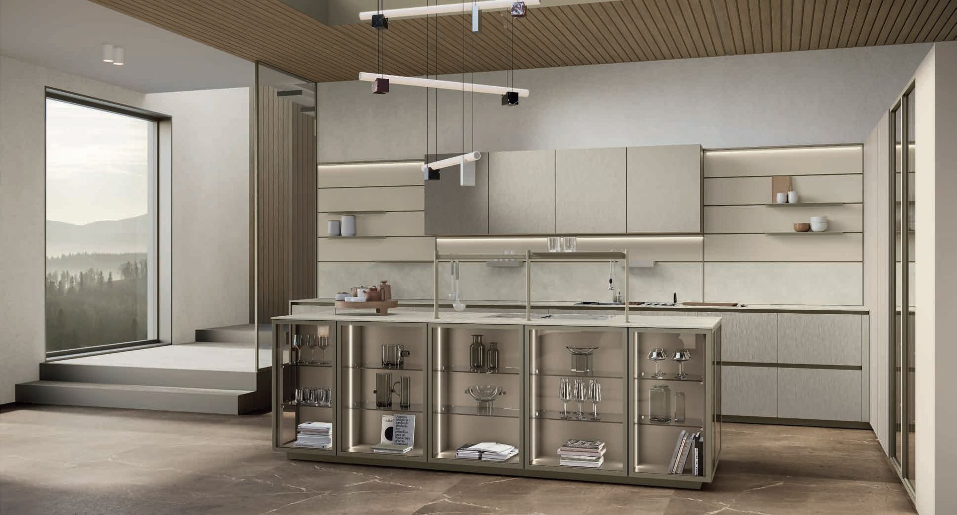 Cucina moderna con dettagli in legno chiaro, un'isola con vetrine e una grande finestra con vista panoramica.
