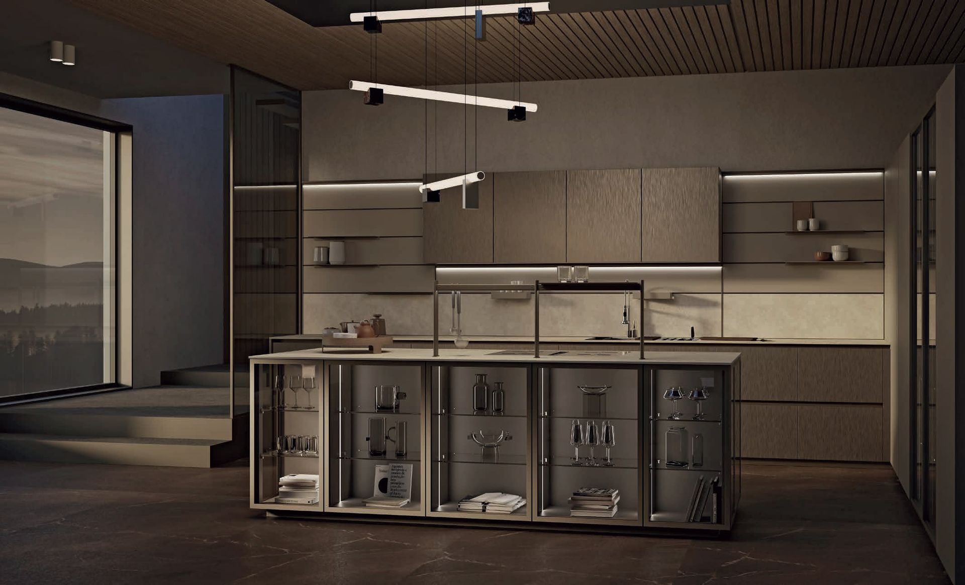Cucina moderna con isola, vetrine e illuminazione dall'alto; toni neutri, vetro e legno.