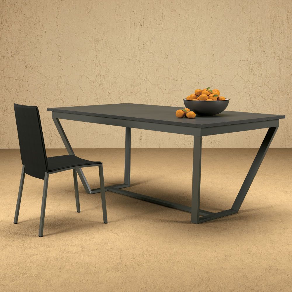 Un tavolo da pranzo moderno grigio con una ciotola di arance e una sedia coordinata su uno sfondo beige.