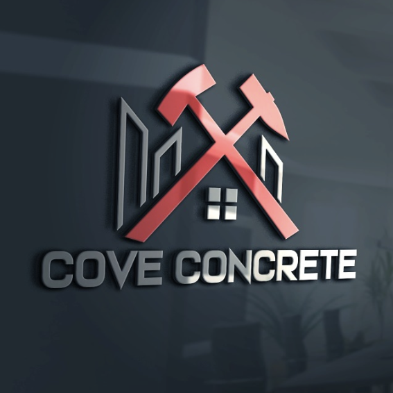 A logo for cove concrete is on a wall