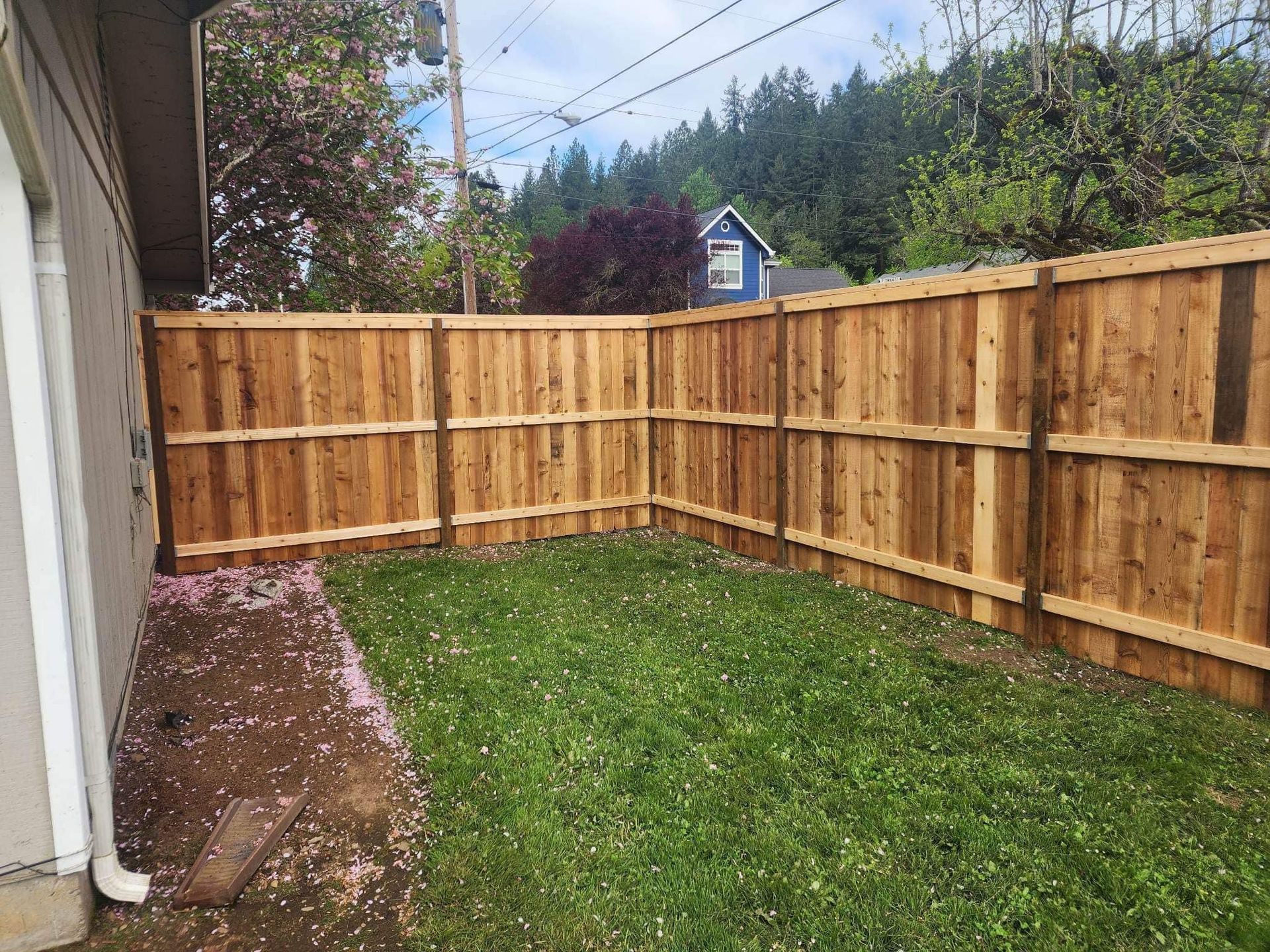 Small fenced backyard with green lawn, wooden privacy fence, and a house wall with downspout on the left.