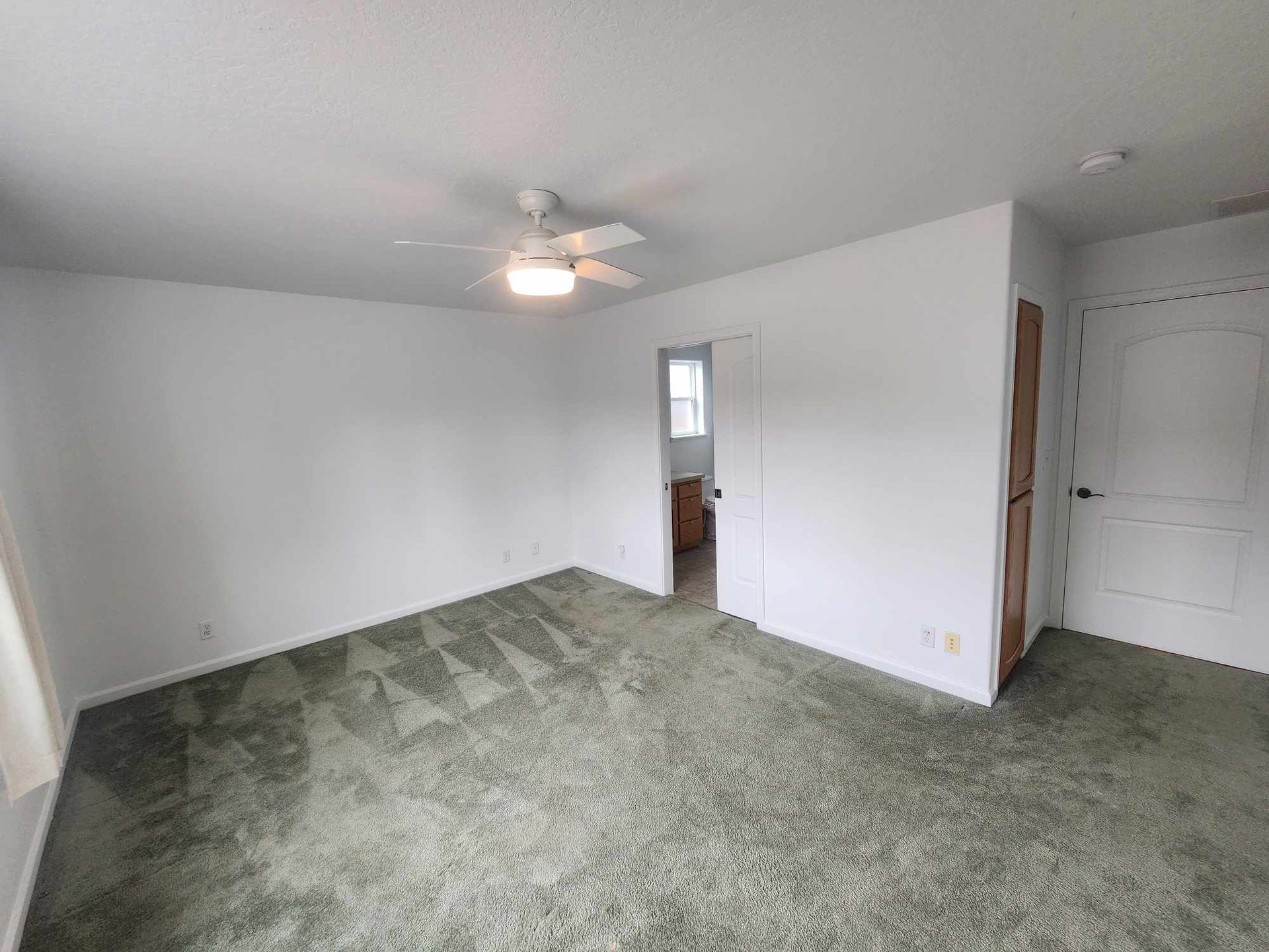 Empty bedroom with green carpet, white walls, ceiling fan, and a doorway to a hall.