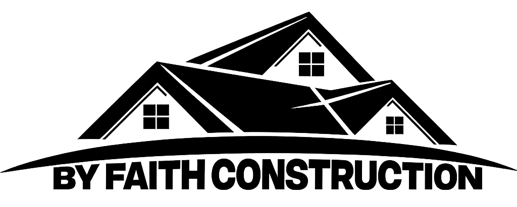 By Faith Construction logo with black roof graphic and bold text