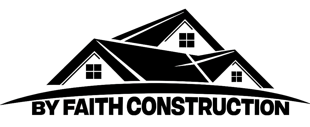 By Faith Construction logo with black roof and house outlines on white background