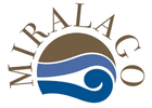 Logo con la scritta “MIRALAGO” arcuato attorno a un sole marrone stilizzato e onde d’acqua blu.