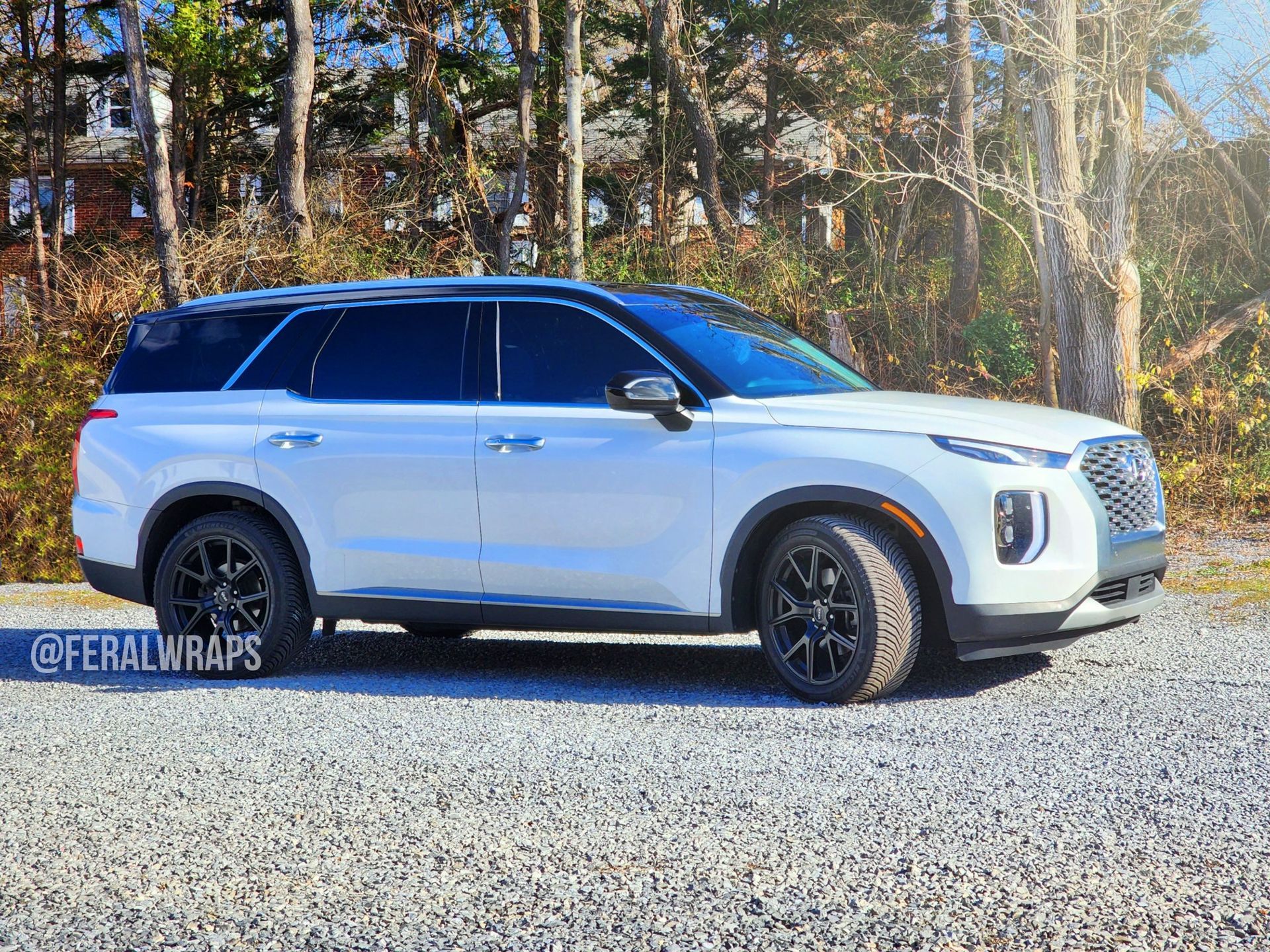 A white hyundai palisade is parked in a gravel lot.