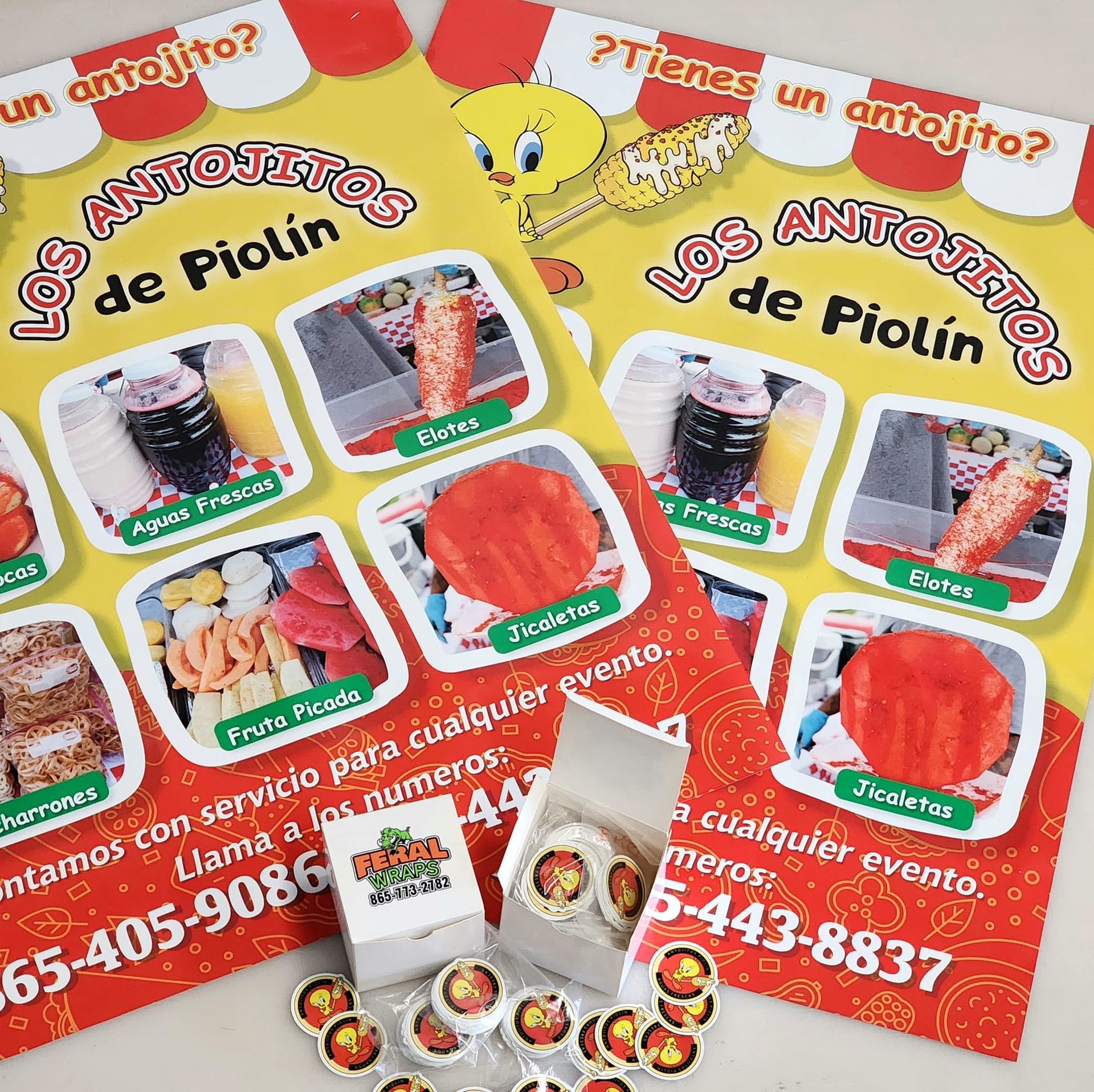 A flyer for los antojitos de piolin has a tweety bird on it