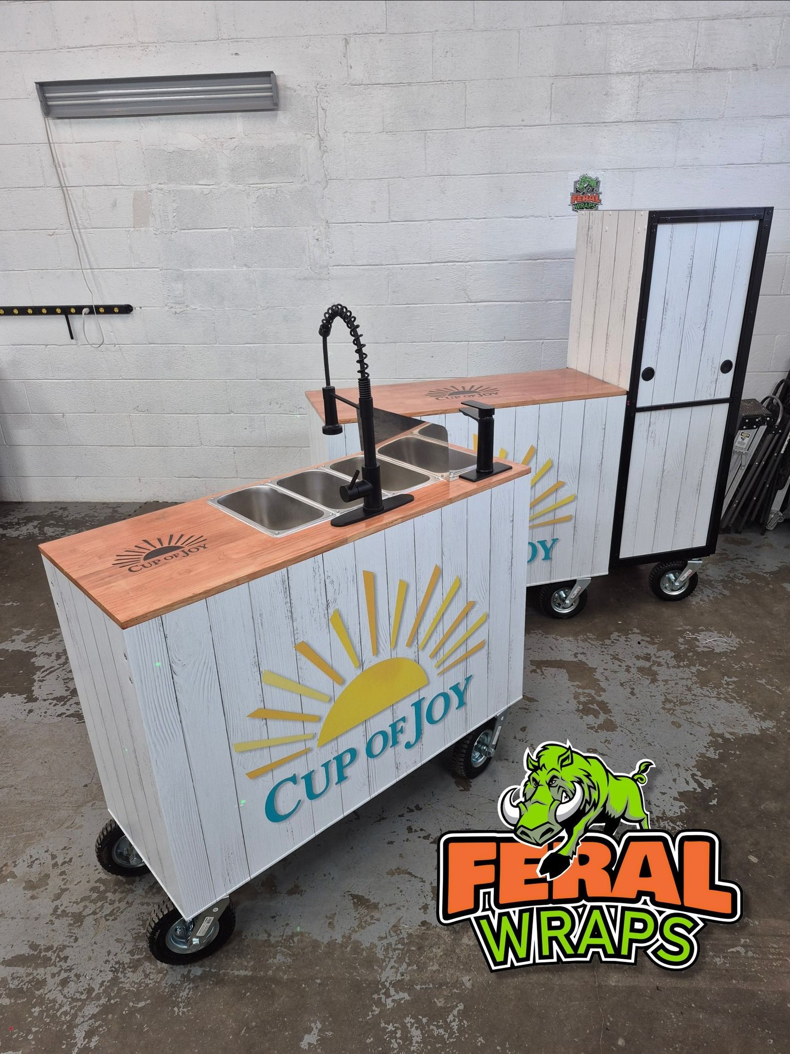 Mobile coffee cart with sink, logo 