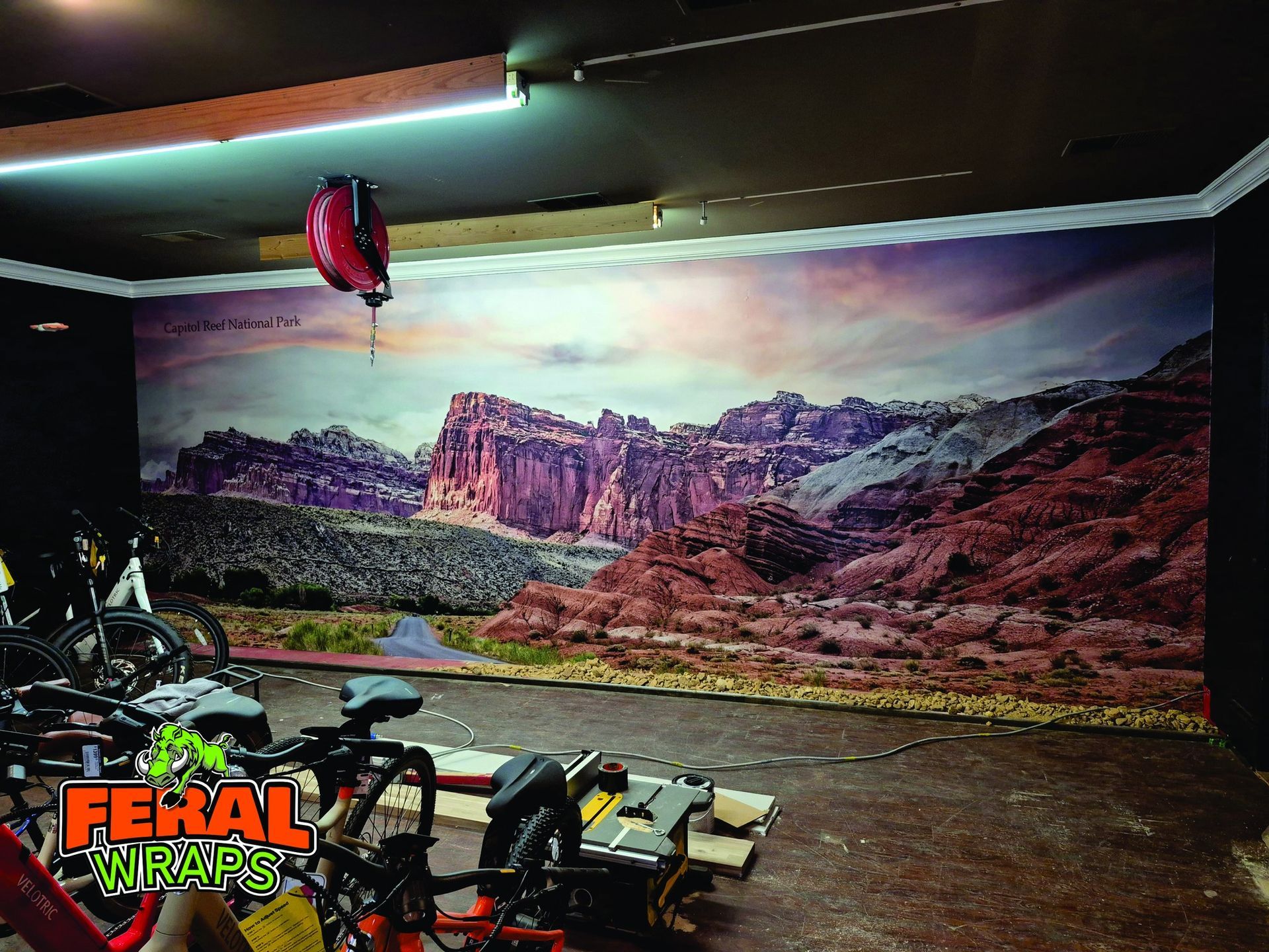 Interior with mountain mural, bikes, and a red helmet.