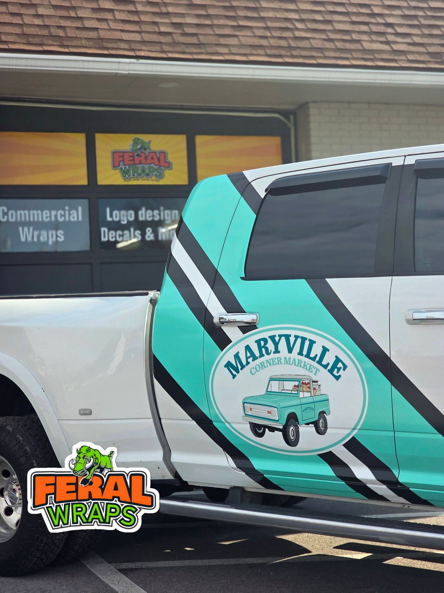Truck with turquoise wrap featuring 