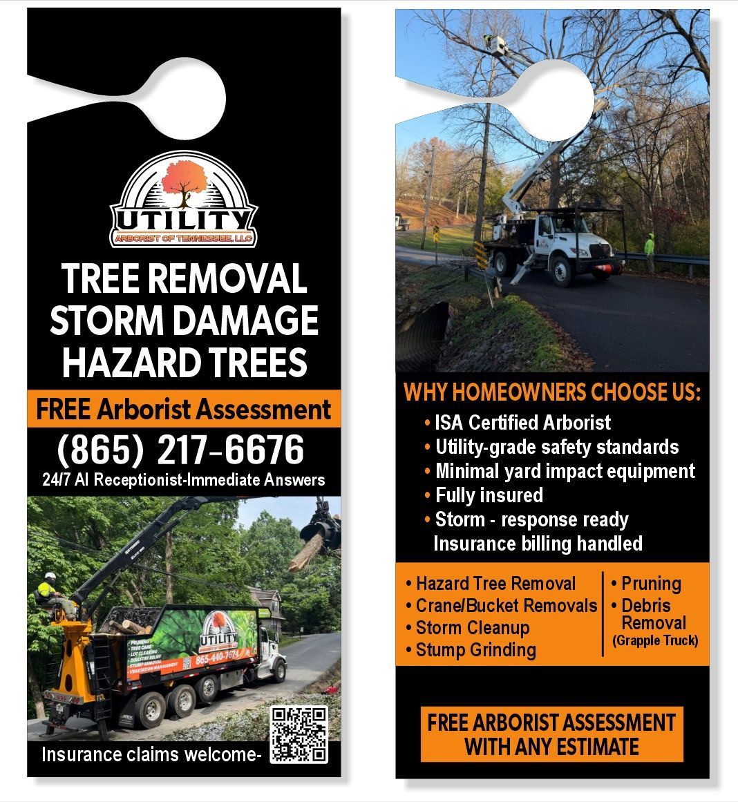 Door hanger advertising tree removal services. Shows trucks, trees, and contact information.