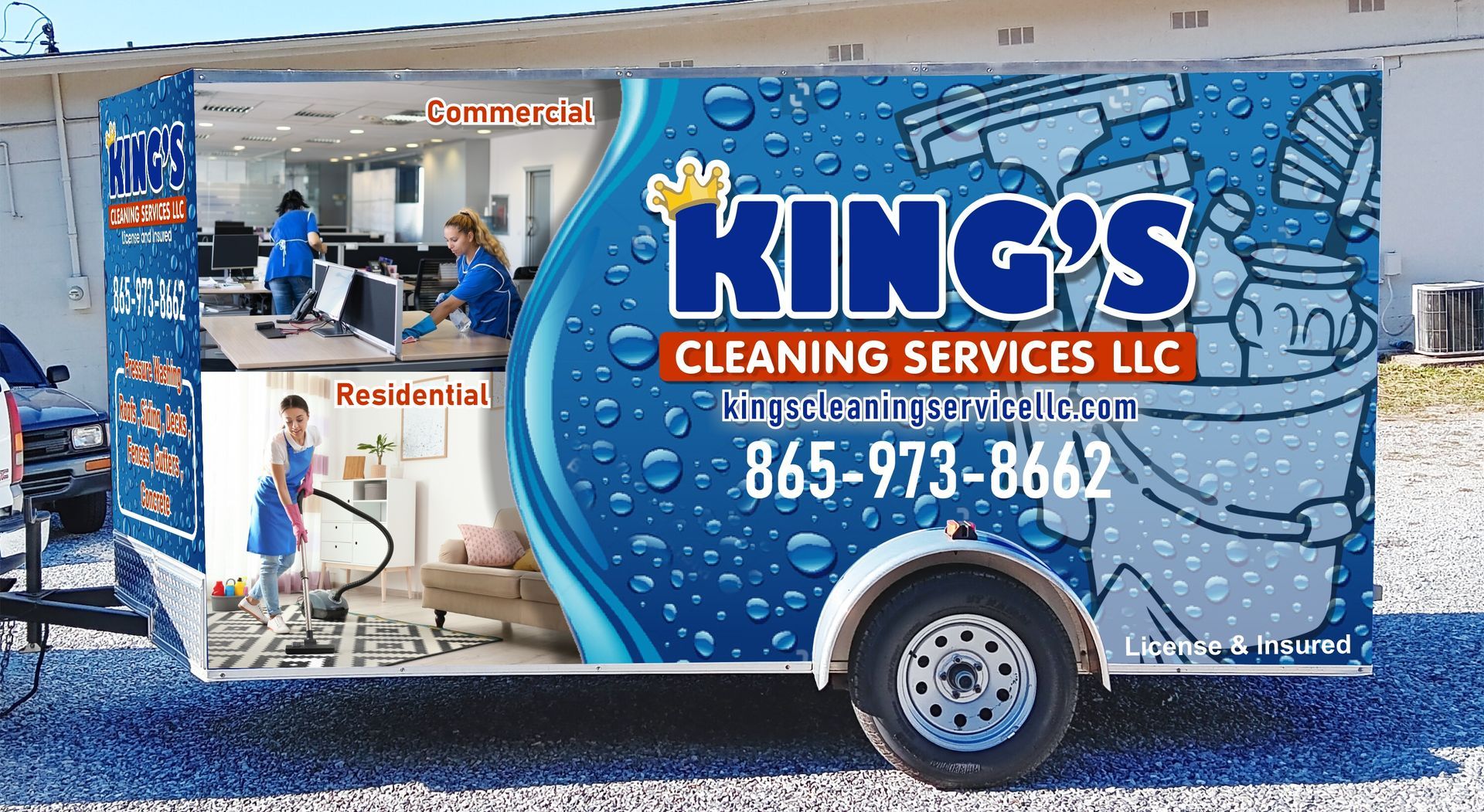 A king 's cleaning services trailer is parked in front of a building.
