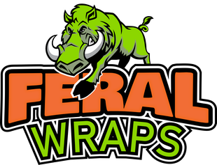 A logo for feral wraps with a green boar on it.