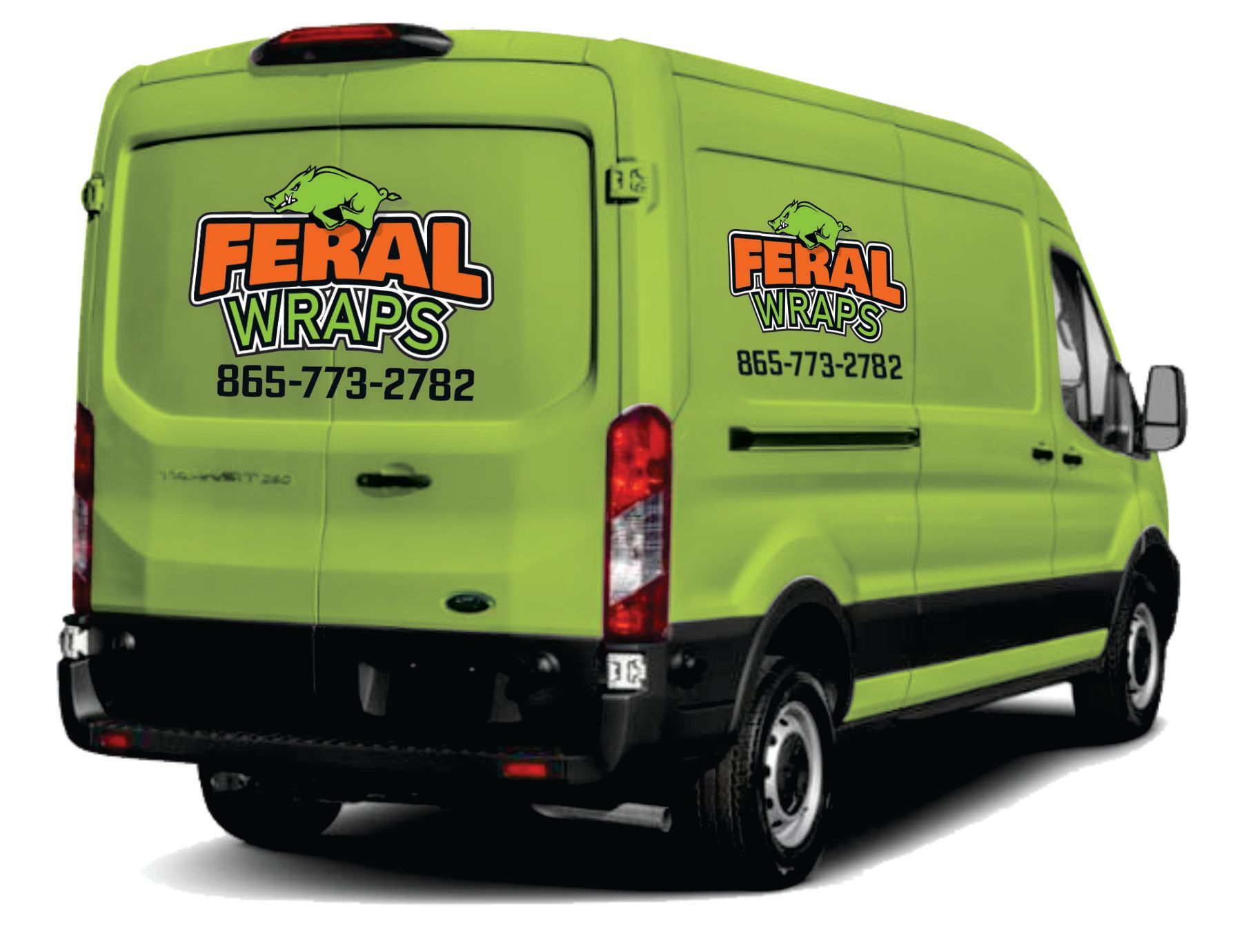 A green van with feral wraps written on it