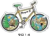 A sticker of a bicycle with mountains and trees on it.