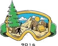 A pair of goggles with a picture of a mountain , tent , tree and bigfoot.