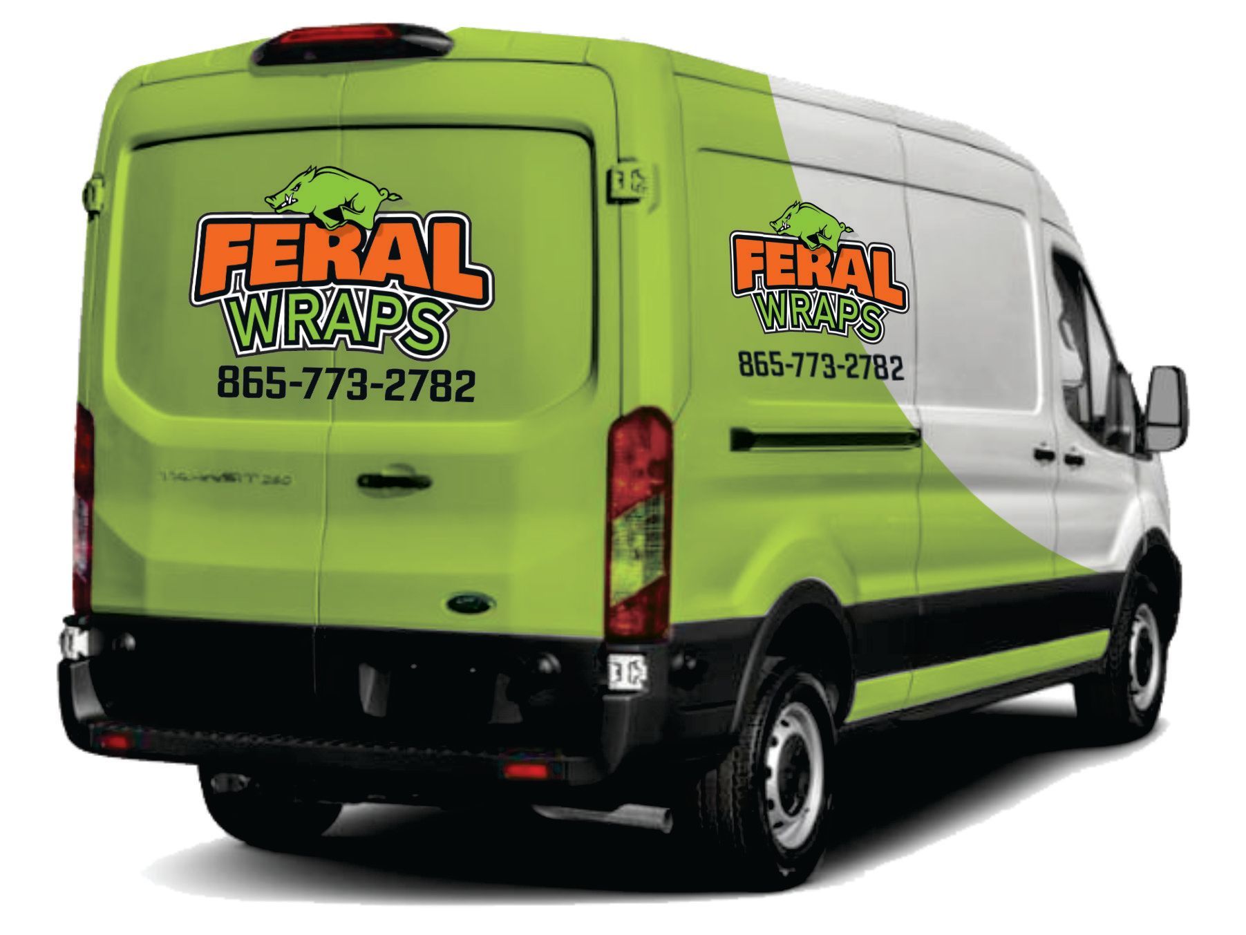A green and white van with feral wraps written on it